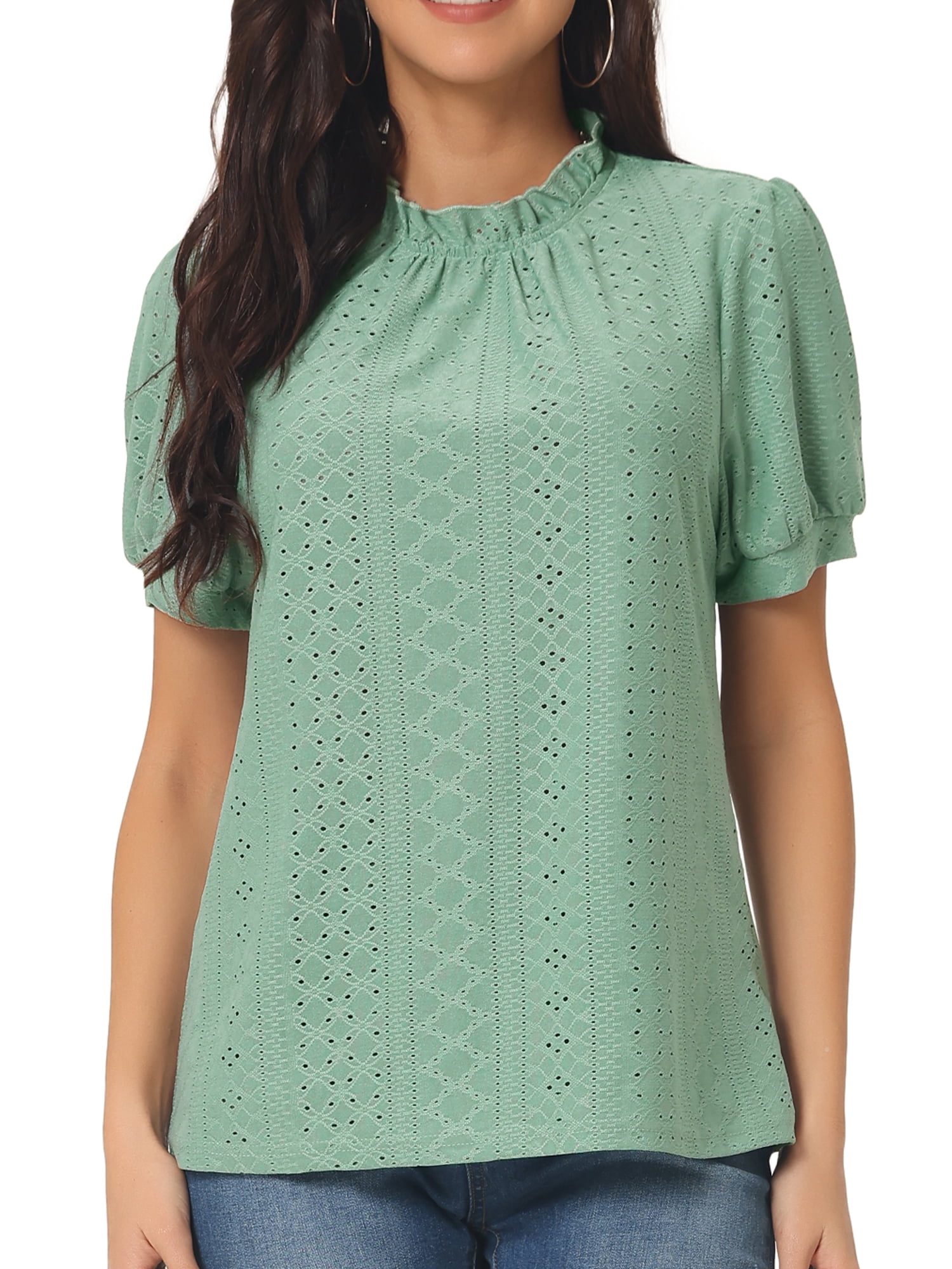 DARING DIVA Women's Puff Sleeve Eyelet Tops Back Button Down Blouses M Green