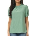 thumbnail image 1 of Unique Bargains Women's Puff Sleeve Eyelet Tops Back Dressy Ruffle Neck Blouses XL Green, 1 of 5