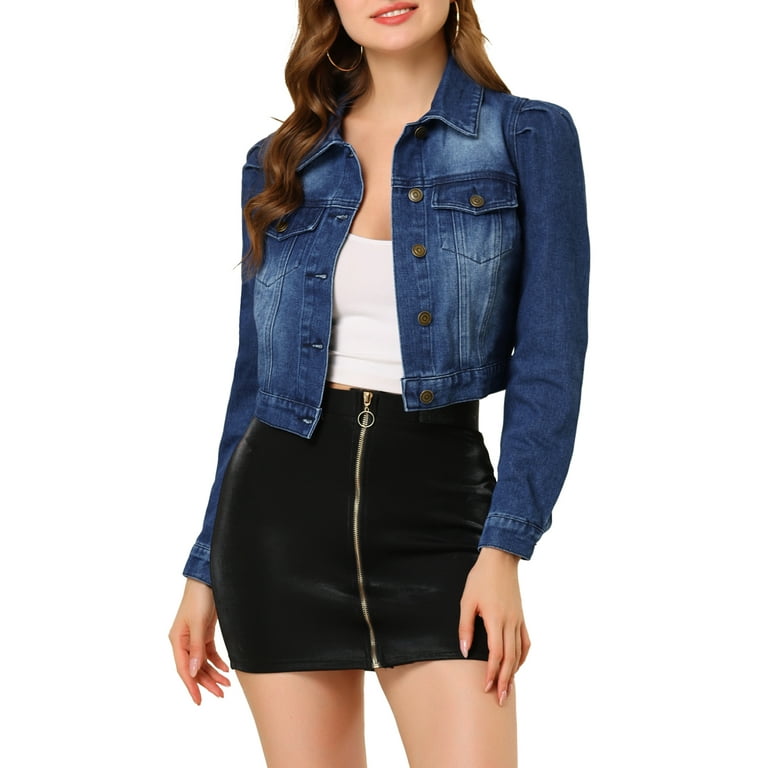 Unique Bargains Women s Puff Sleeve Lightweight Cropped Washed Jean Denim Jacket