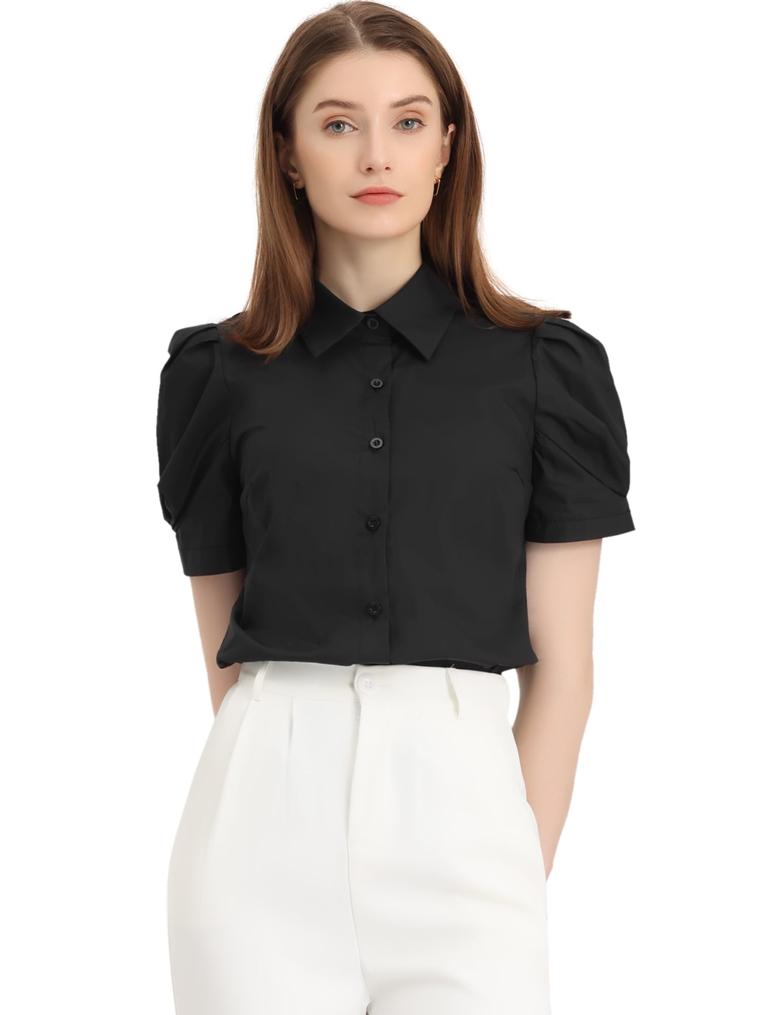 DARING DIVA Women's Puff Sleeve Turn Down Collared Work Office Button Down Shirt L Black