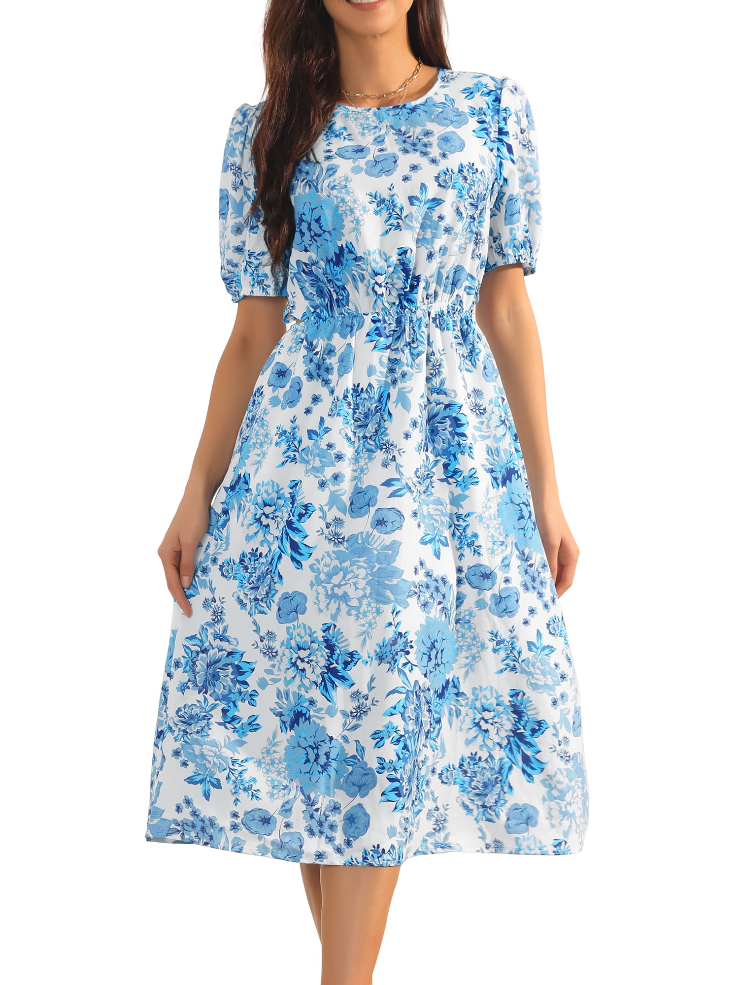 blue floral dress with sleeves Midi Summer Short Puff Blue Floral / Small maxi length round neckline mid sleeves with elasticised cuff side cut out detail elasticised waist band back invisible zip functional pockets high low hemline soft satin feel blue floral print lined Unique Bargains Women's Puff Sleeve