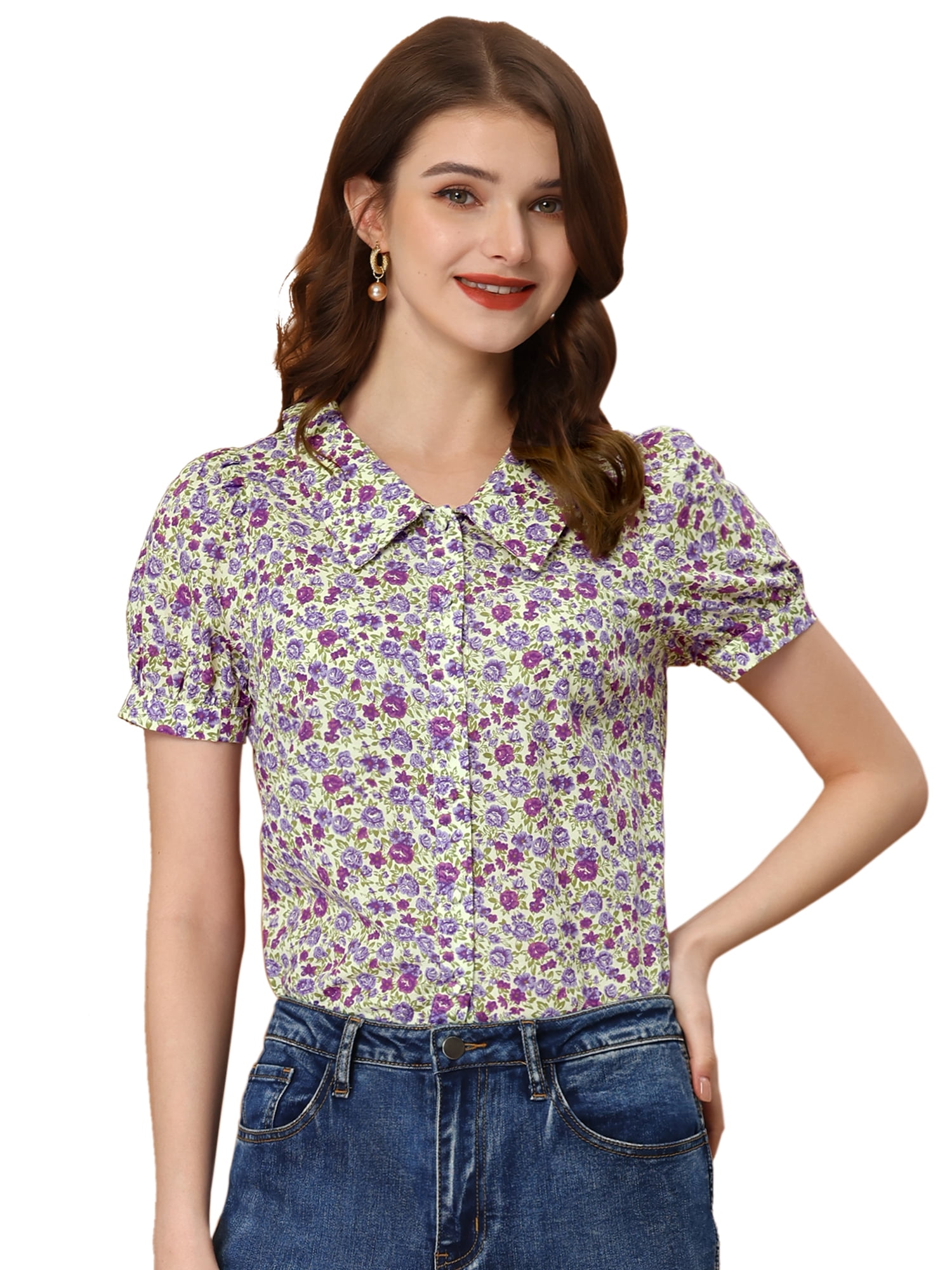 DARING DIVA Women's Turndown Collar Button Down Floral Blouse M Purple