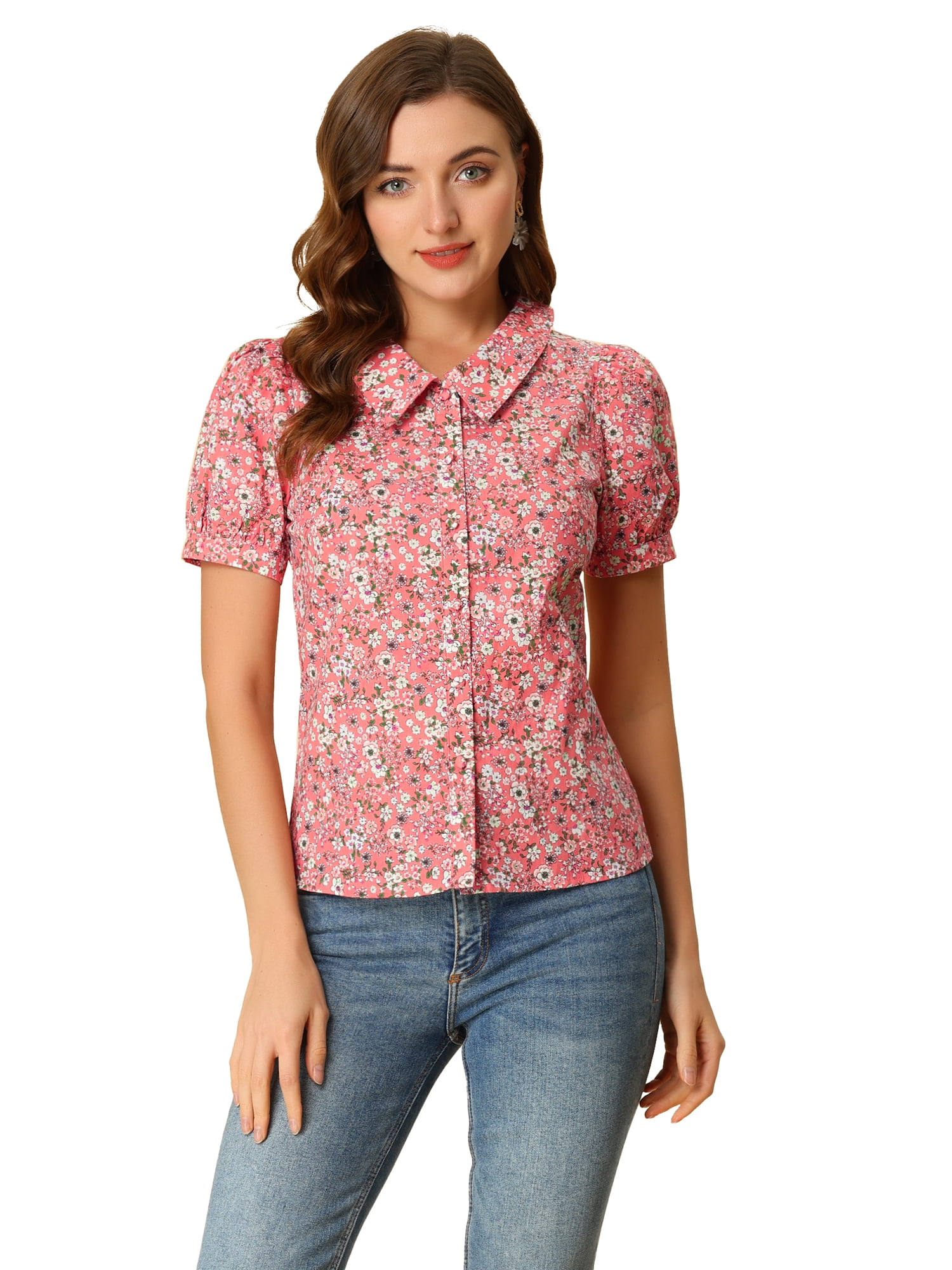 DARING DIVA Women's Turndown Collar Button Down Floral Blouse S Pink