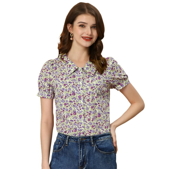 DARING DIVA Women's Turndown Collar Button Down Floral Blouse S Purple