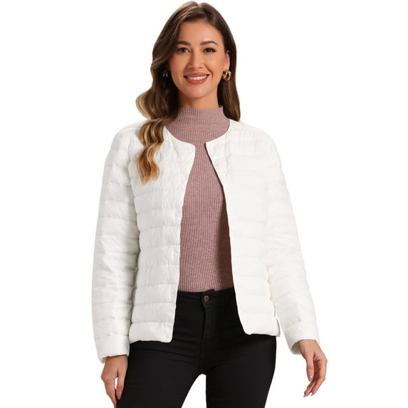 Unique Bargains Women's Puffer Lightweight Packable Long Sleeve Coat L White
