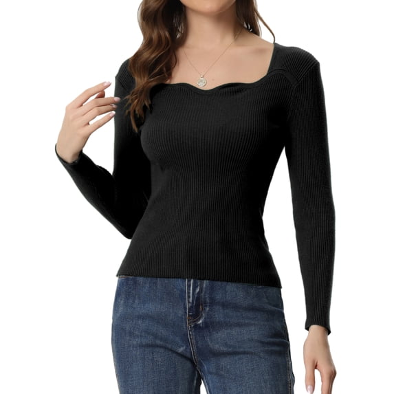 Unique Bargains Women's Pullover Sweater Long Sleeve Sweetheart Neck Sweater Top Black S