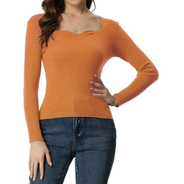 Unique Bargains Women's Pullover Sweater Long Sleeve Sweetheart Neck Sweater Top Orange M