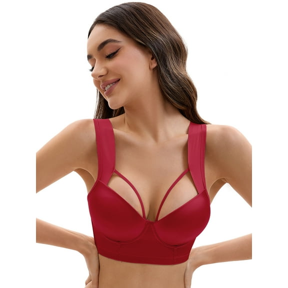 Unique Bargains Women's Push Up Adjustable Wide Straps Bras D 38 Wine Red