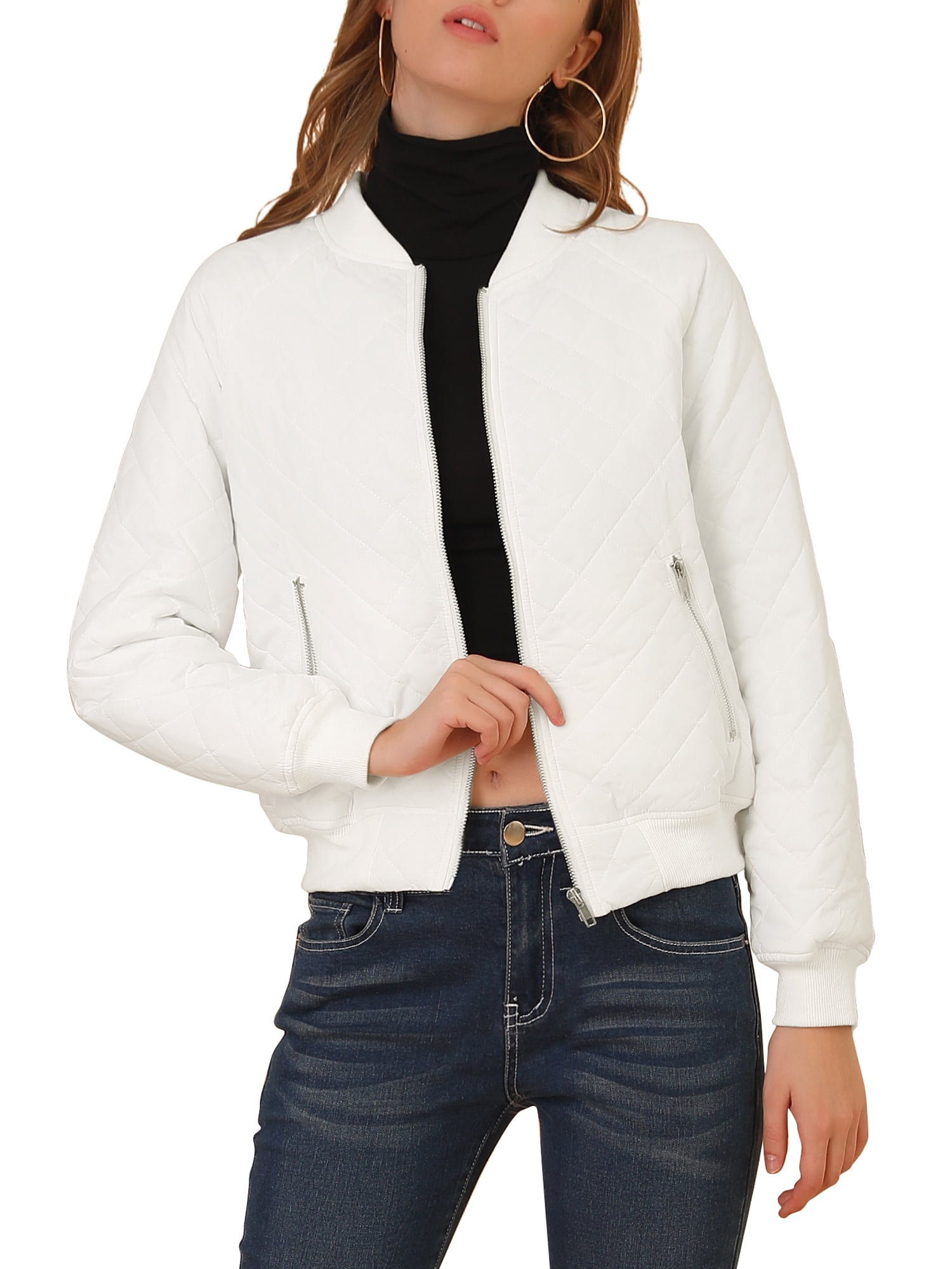 Unique Bargains Women's Quilted Zip Up Moto Raglan Sleeves Bomber Jacket XS  White 