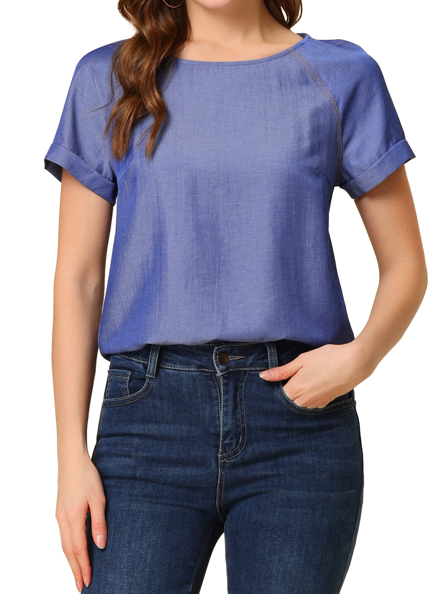 Unique Bargains Women's Raglan Sleeve Round Neck Tencel Denim Chambray Top Shirt M Dark Blue