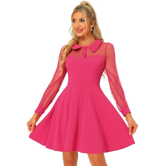 Unique Bargains Women's Retro Flat Collar Mesh Sheer Sleeve Flared Party Dress L Hot Pink
