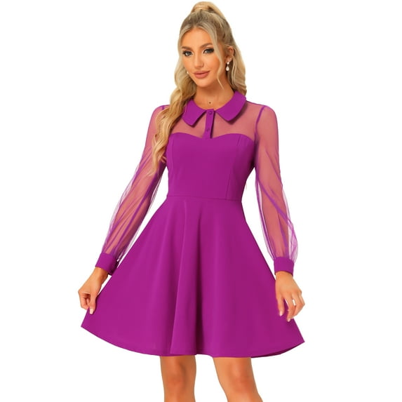 Unique Bargains Women's Retro Flat Collar Mesh Sheer Sleeve Flared Party Dress M Purple