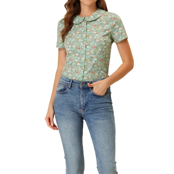 Unique Bargains Women's Retro Peter Pan Collar Button Front Floral Print Blouse S Green