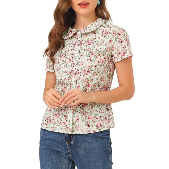 Unique Bargains Women's Retro Peter Pan Collar Button Front Floral Print Blouse XS Cream White