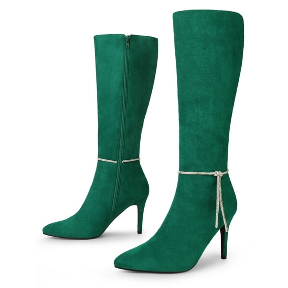 Unique Bargains Women's Rhinestone Chain Pointed Toe Stiletto Heels Knee High Boots