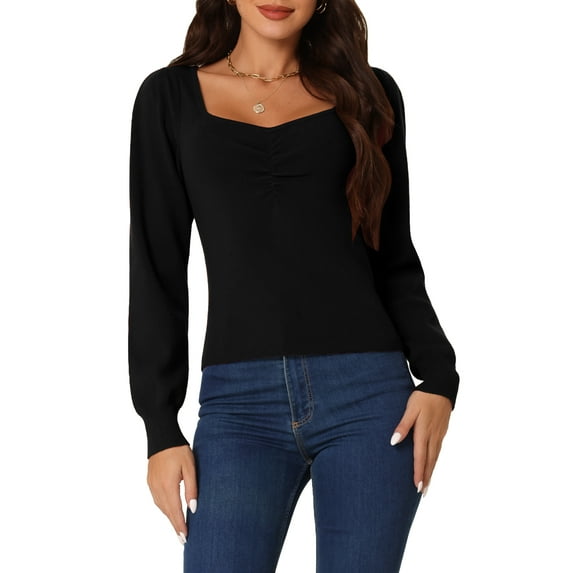 Unique Bargains Women's Rib Knit Sweater Long Puff Sleeve Sweetheart Neck Jumper Tops M Black