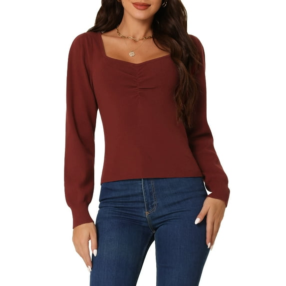 Unique Bargains Women's Rib Knit Sweater Long Puff Sleeve Sweetheart Neck Jumper Tops M Wine Red