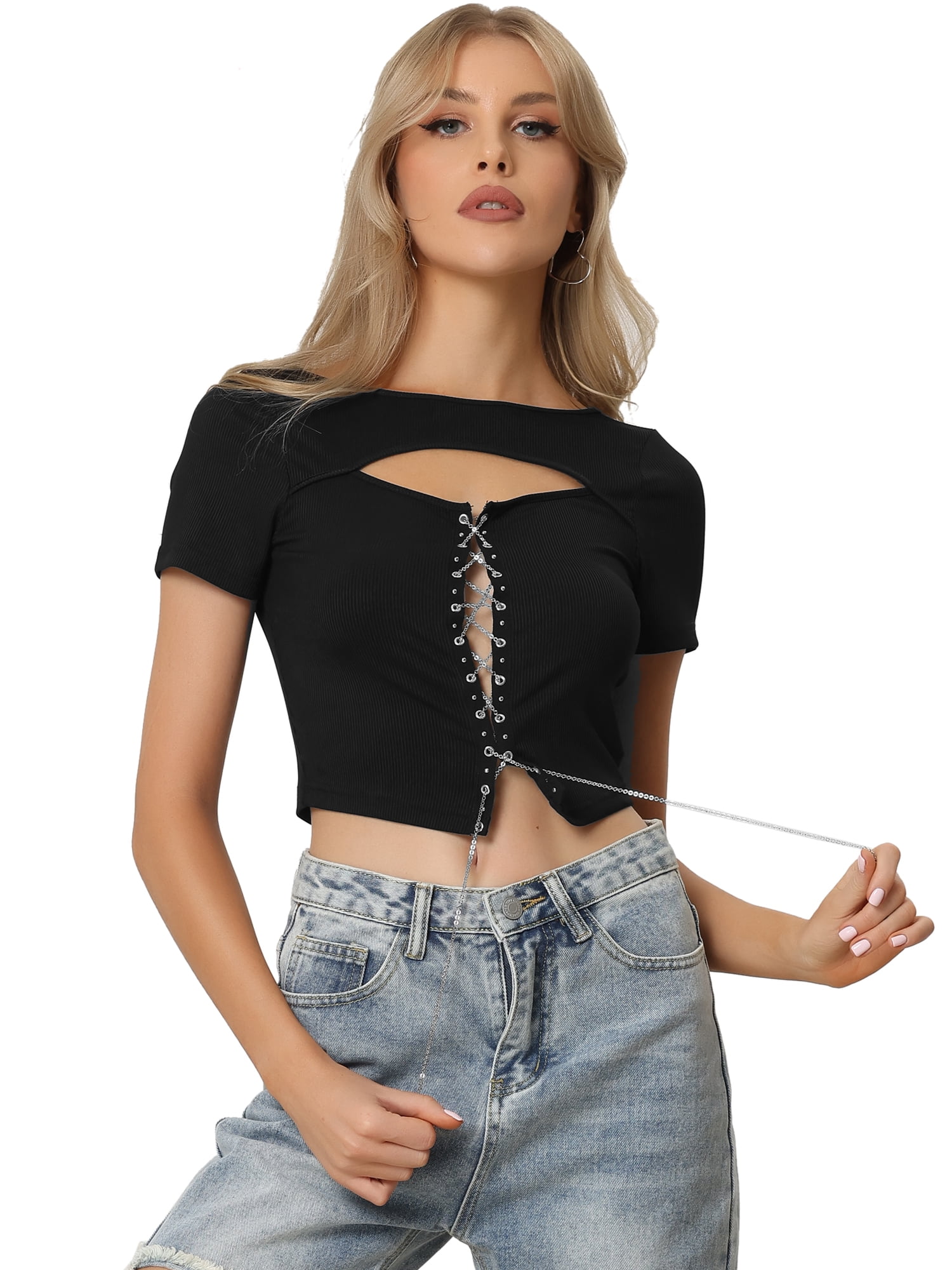 Unique Bargains Women's Rib-knit Contrast Stitch Lace Up Front Tank Croppped Top XS Black