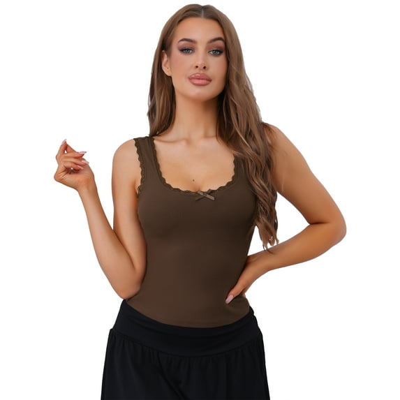 Unique Bargains Women's Ribbed Square Neck Camisoles Slim-Fit Lace Trim Tank Tops L Brown