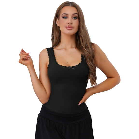 Unique Bargains Women's Ribbed Square Neck Camisoles Slim-Fit Lace Trim Tank Tops S Black