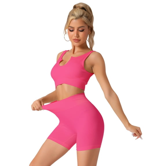 Unique Bargains Women's Ribbed Tank Bra and High Waist Knickers Workout Set L Rose Red