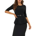 thumbnail image 1 of Unique Bargains Women's Round Neck 3/4 Sleeve Elegant Work Peplum Top with Belt XL Black, 1 of 6