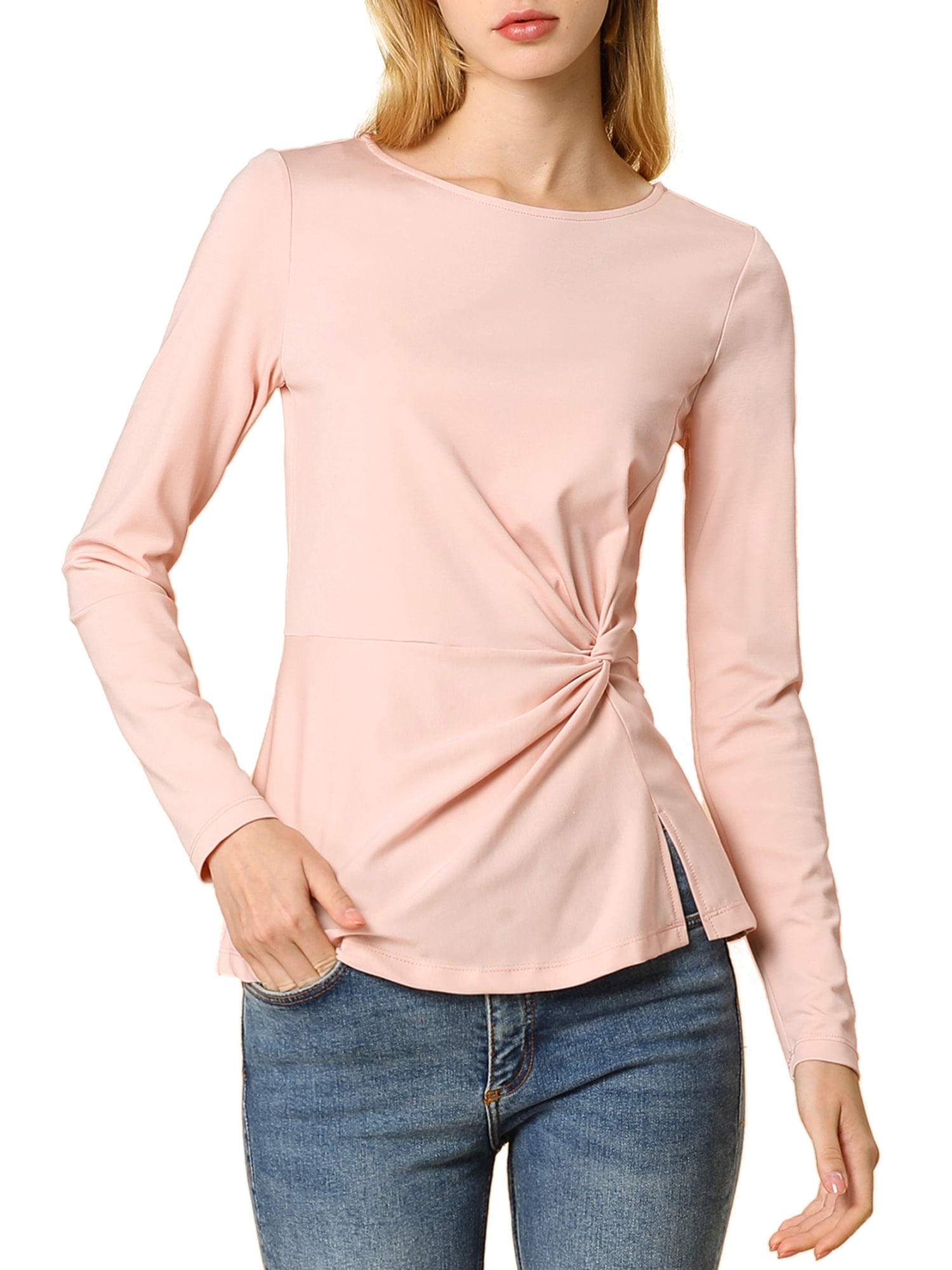 Unique Bargains Women's Round Neck Front Twist Top Long Sleeve Blouse