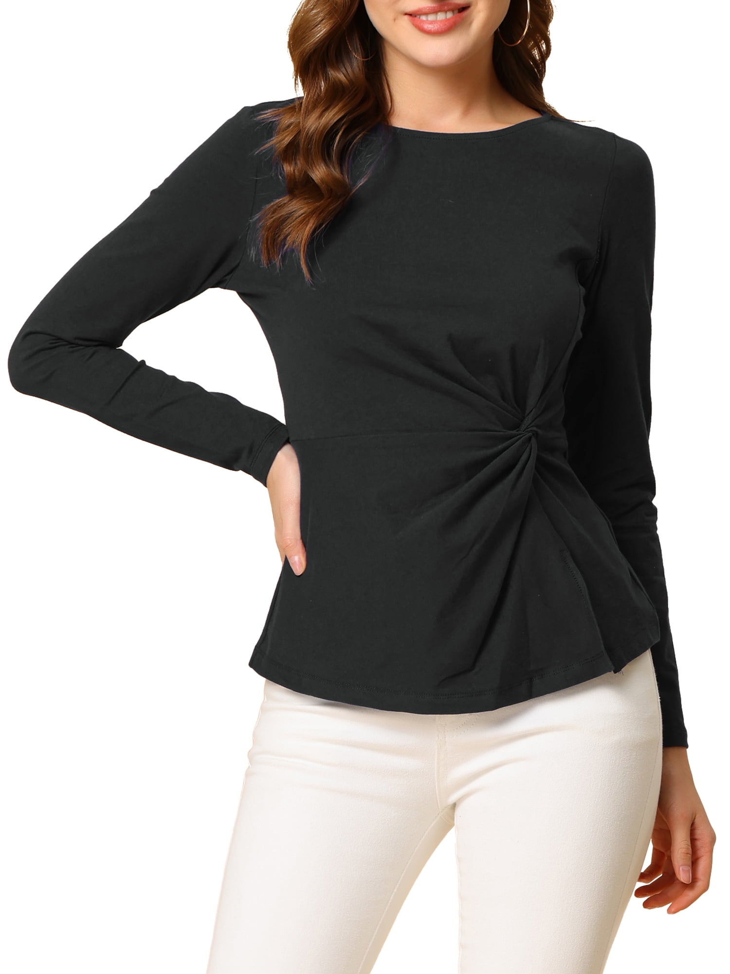 Unique Bargains Women's Round Neck Front Twist Top Long Sleeve Blouse