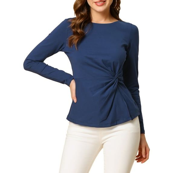 Unique Bargains Women's Round Neck Front Twist Top Long Sleeve Blouse