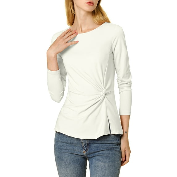 Unique Bargains Women's Round Neck Front Twist Top Long Sleeve Blouse