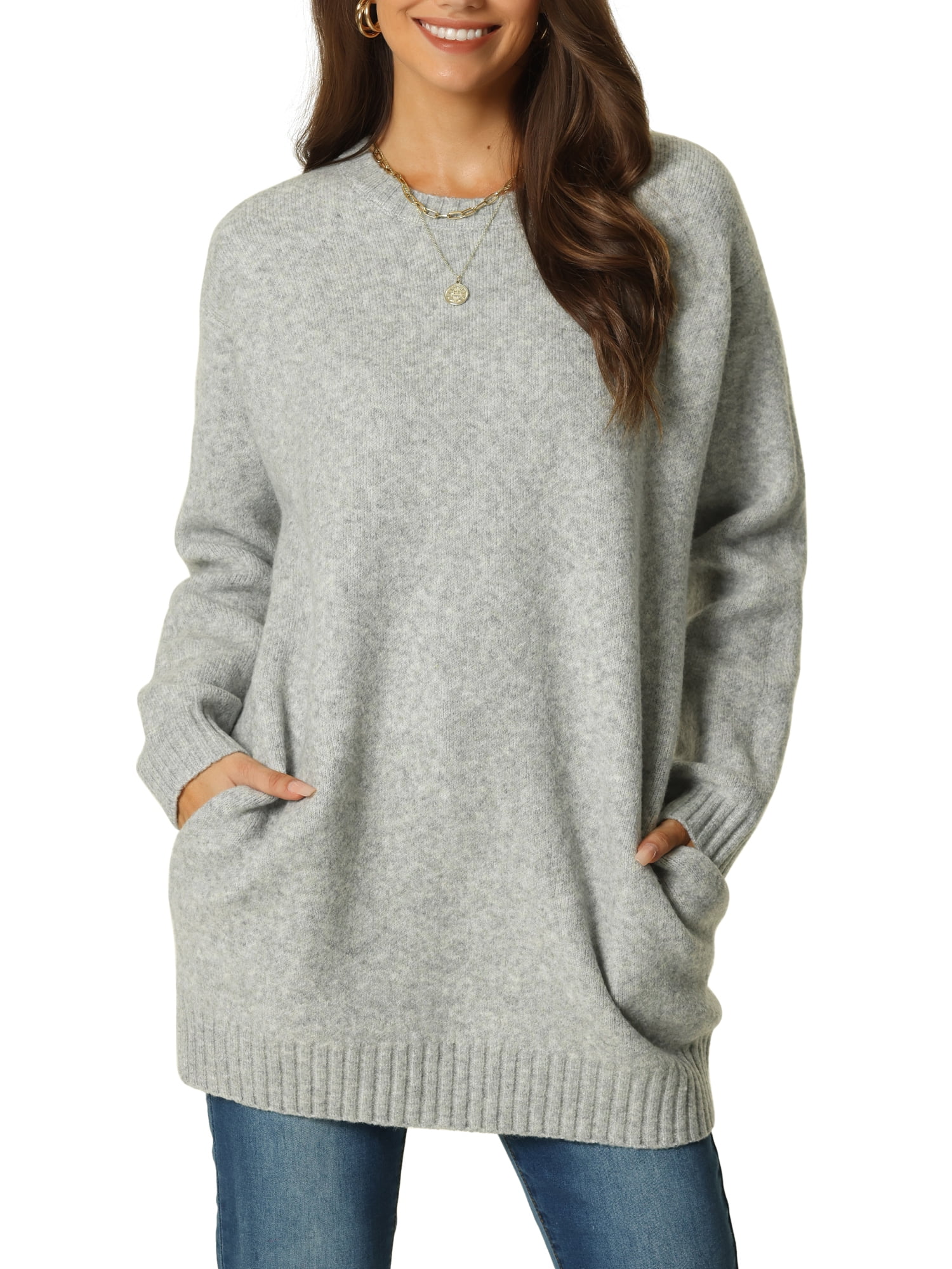 DARING DIVA Round Neck Pullover Long Sleeve Casual Sweater M Grey