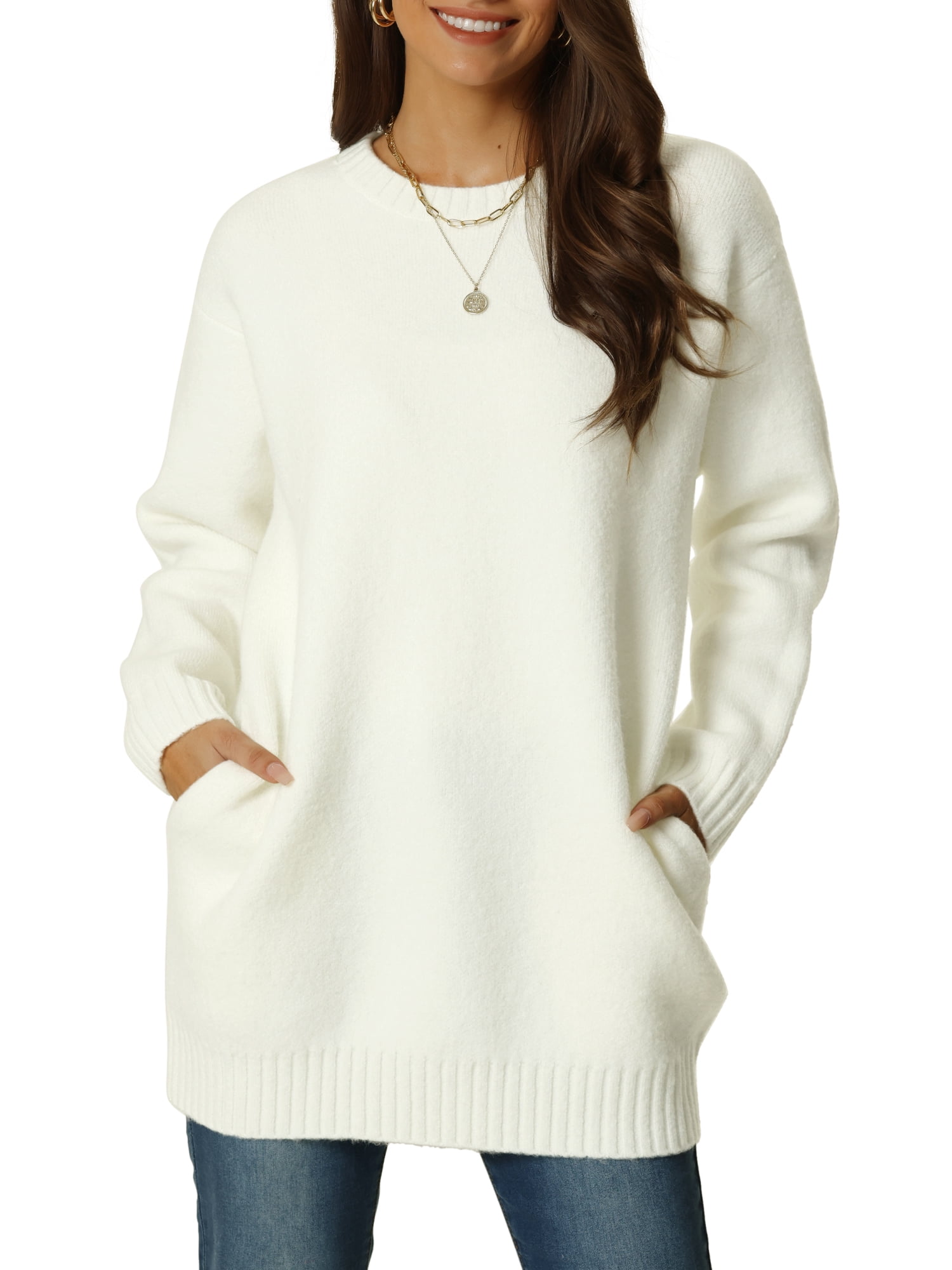 DARING DIVA Round Neck Pullover Long Sleeve Casual Sweater M White