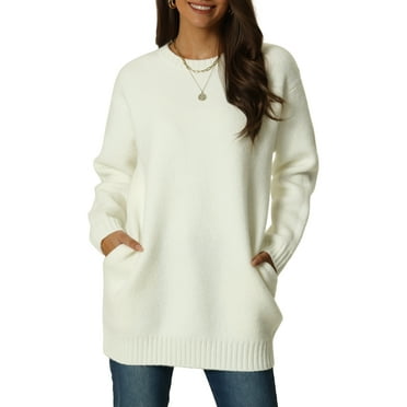 Unique Bargains Women's Round Neck Pullover Long Sleeve Casual Sweater with Pockets S White