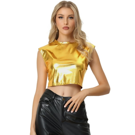 Unique Bargains Women's Round Neck Sleeveless Holographic Crop Metallic Tank Top L Golds