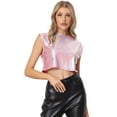 thumbnail image 1 of Unique Bargains Women's Round Neck Sleeveless Holographic Crop Metallic Tank Top L Pink-Plaid, 1 of 6