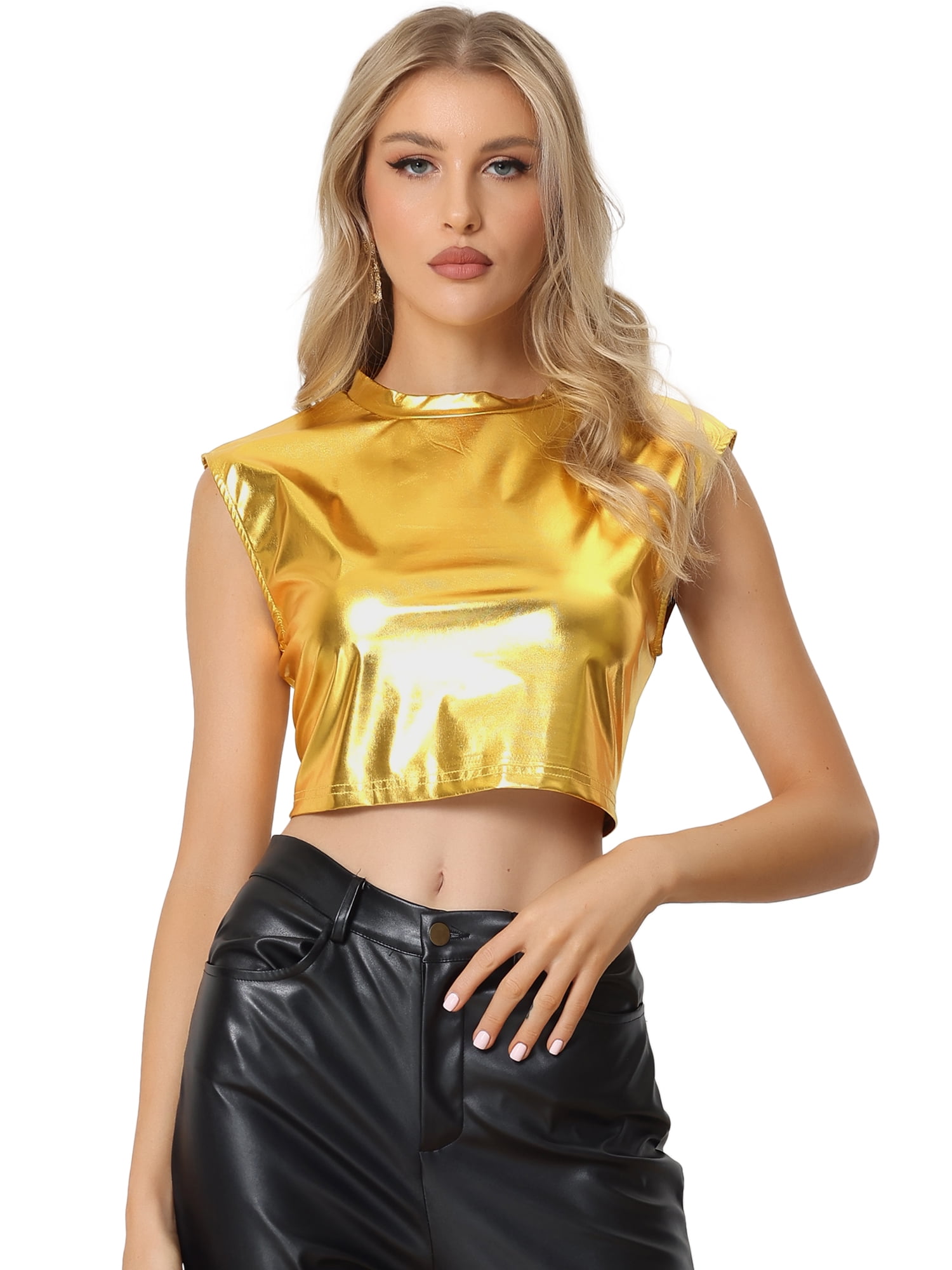 DARING DIVA Women's Sleeveless Sparkle Round Neck Crop Holographic Tops M Golds