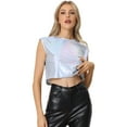 thumbnail image 1 of Unique Bargains Women's Round Neck Sleeveless Holographic Crop Metallic Tank Top M Silver-Plaid, 1 of 6