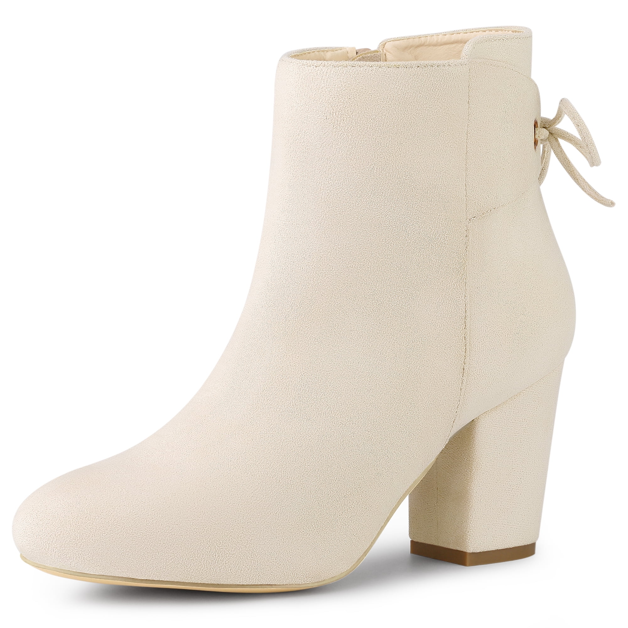 Unique Bargains Women's Round Toe Block Heel Back Zipper Ankle Boots Cream 10
