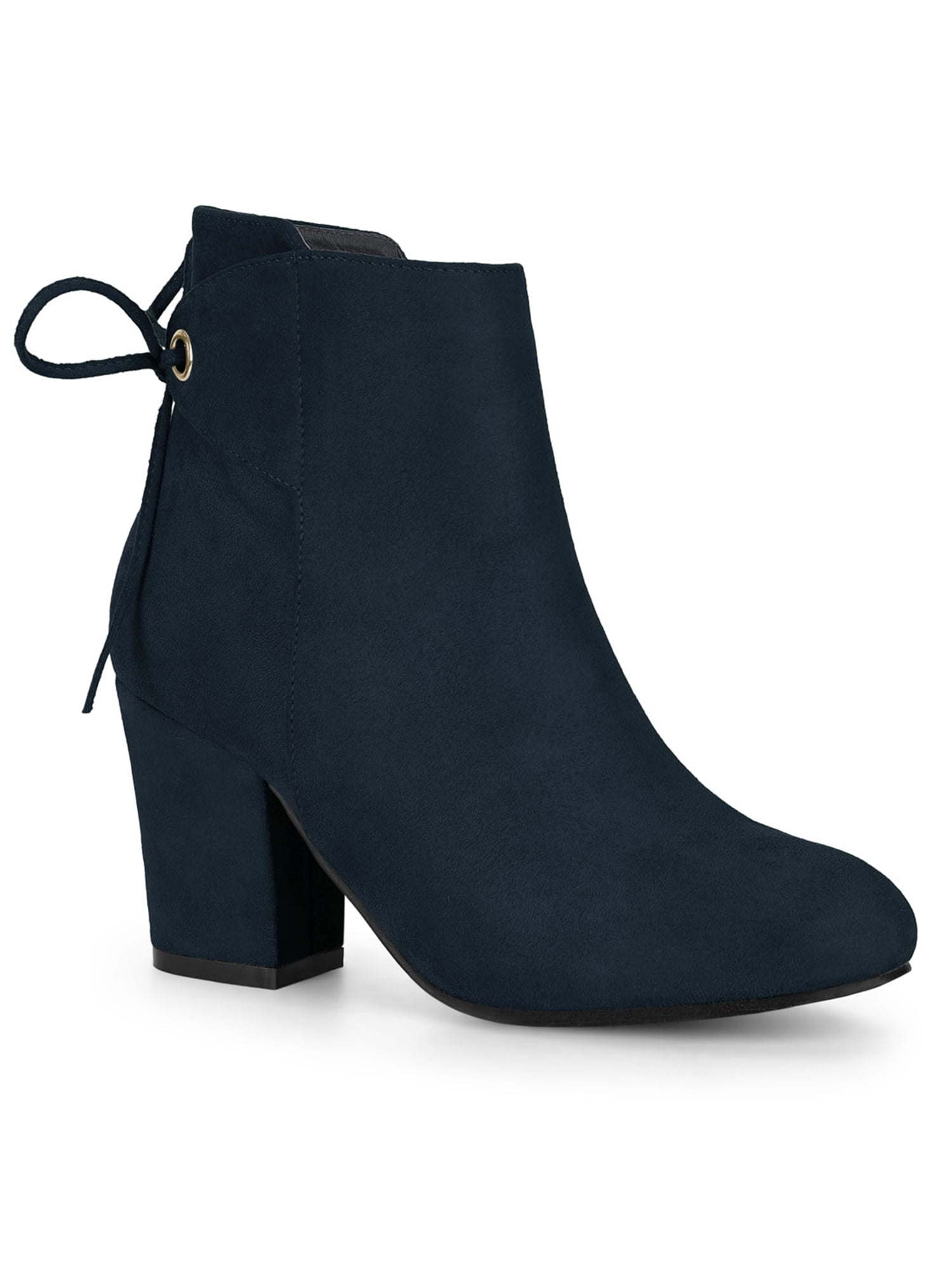 Unique Bargains Women's Round Toe Block Heel Back Zipper Ankle Boots Navy Blue 6