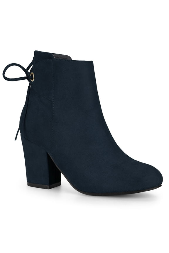 Women's Round Toe Block Heel Back Zipper Ankle Boots Navy Blue 6
