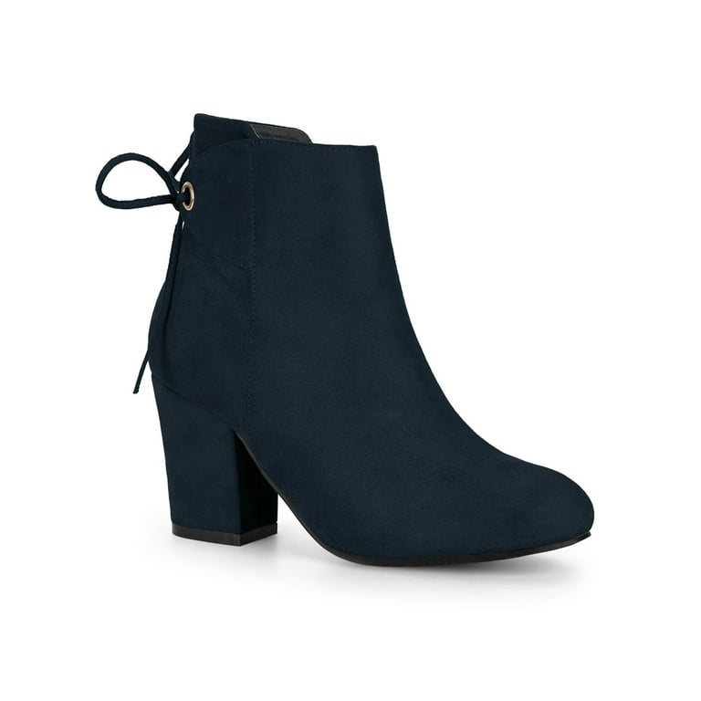 Unique Bargains Women s Round Toe Block Heel Back Zipper Ankle Boots Navy Blue 7 Walmart