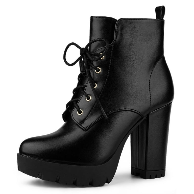 Unique Bargains Women s Round Toe Block High Heel Lace up Platform Boots Black 8 Walmart