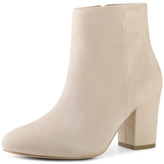 Unique Bargains Women's Round Toe Chunky Heels Ankle Boots Beige 7