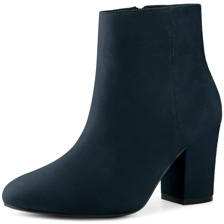 Unique Bargains Women s Round Toe Chunky Heels Ankle Boots Navy Blue 8