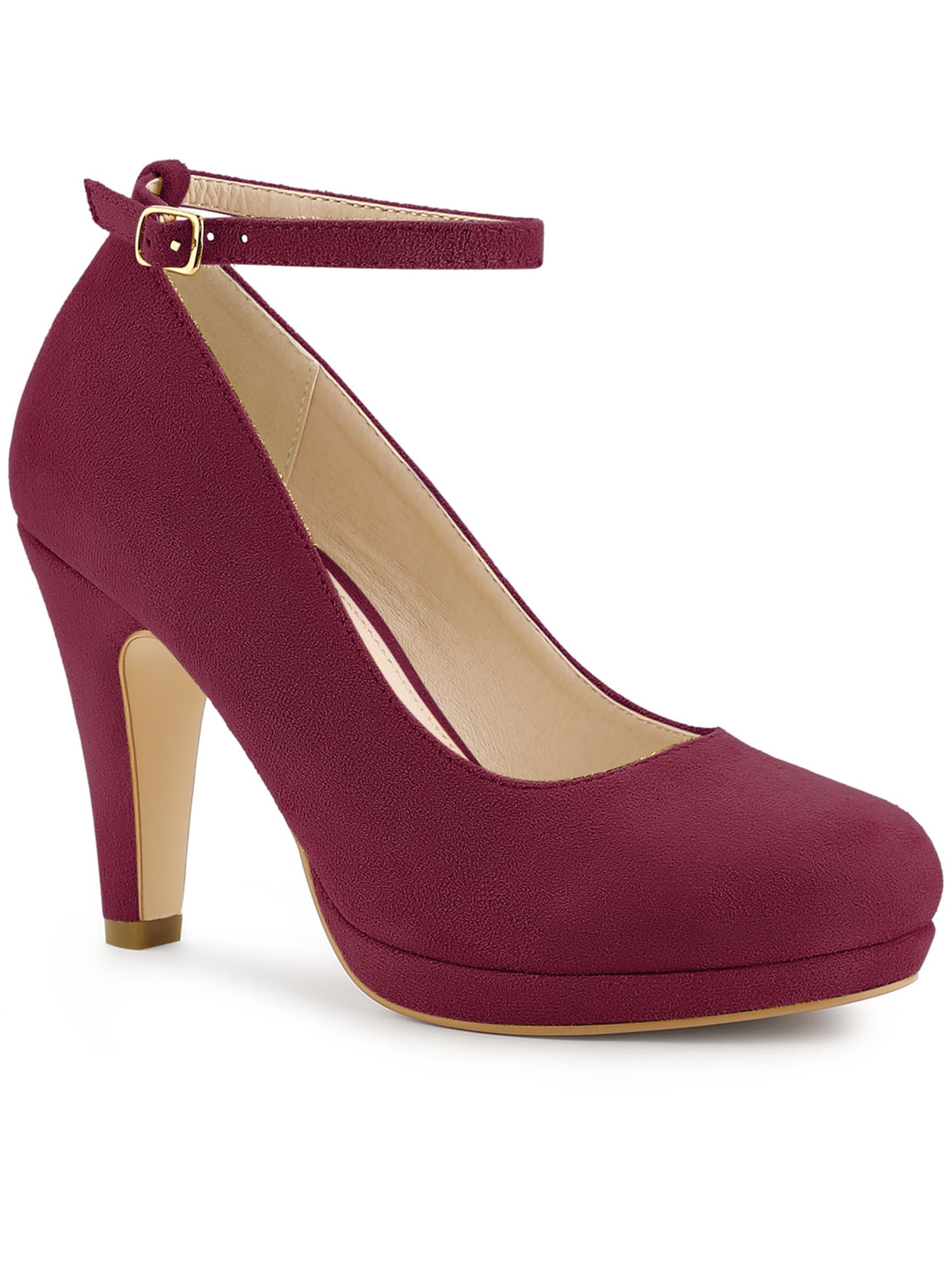 Unique Bargains Women's Round Toe Stiletto Heel Ankle Strap Pumps Burgundy 6.5