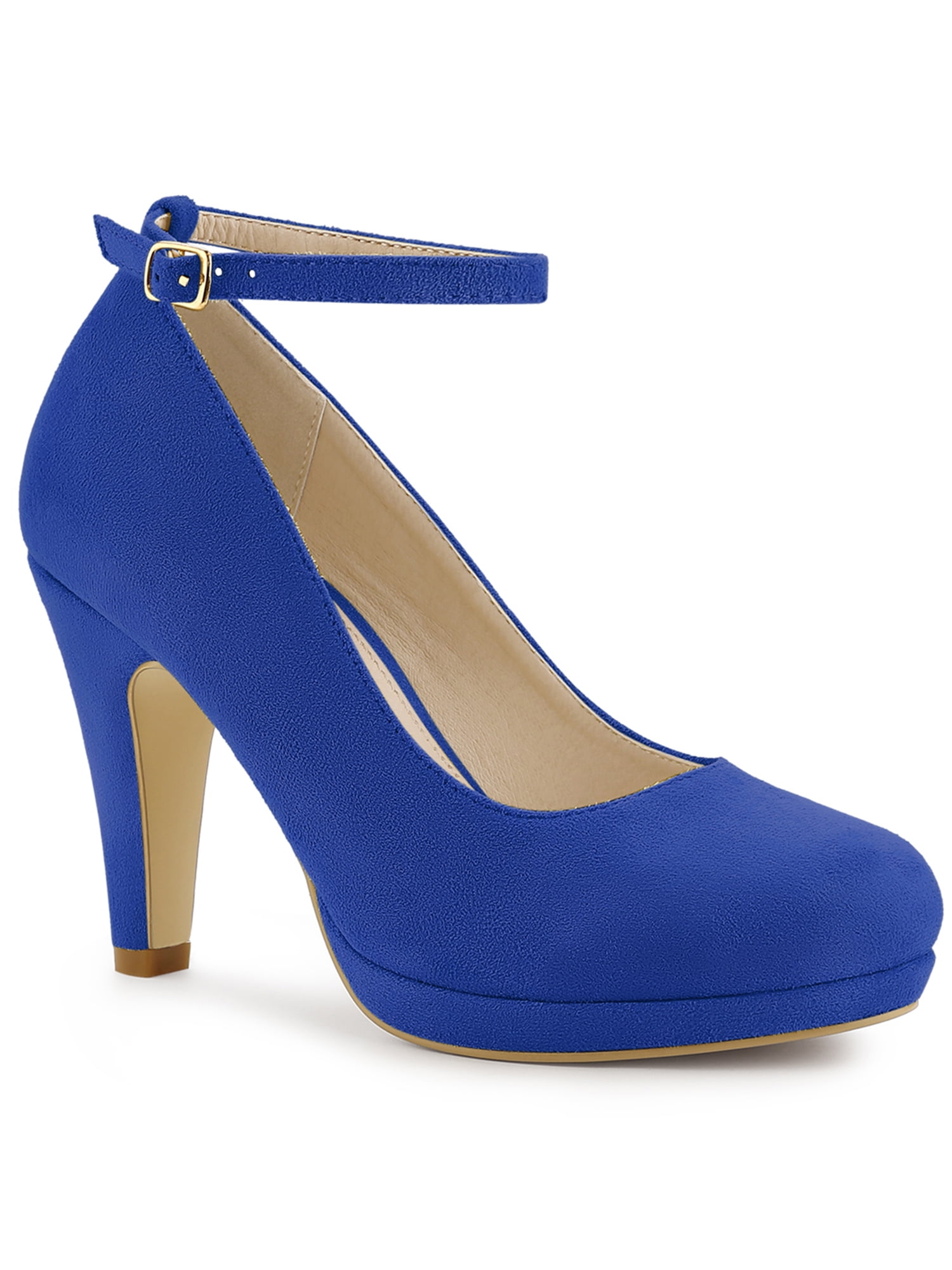 Unique Bargains Women's Round Toe Stiletto Heel Ankle Strap Pumps Dark Blue 6.5