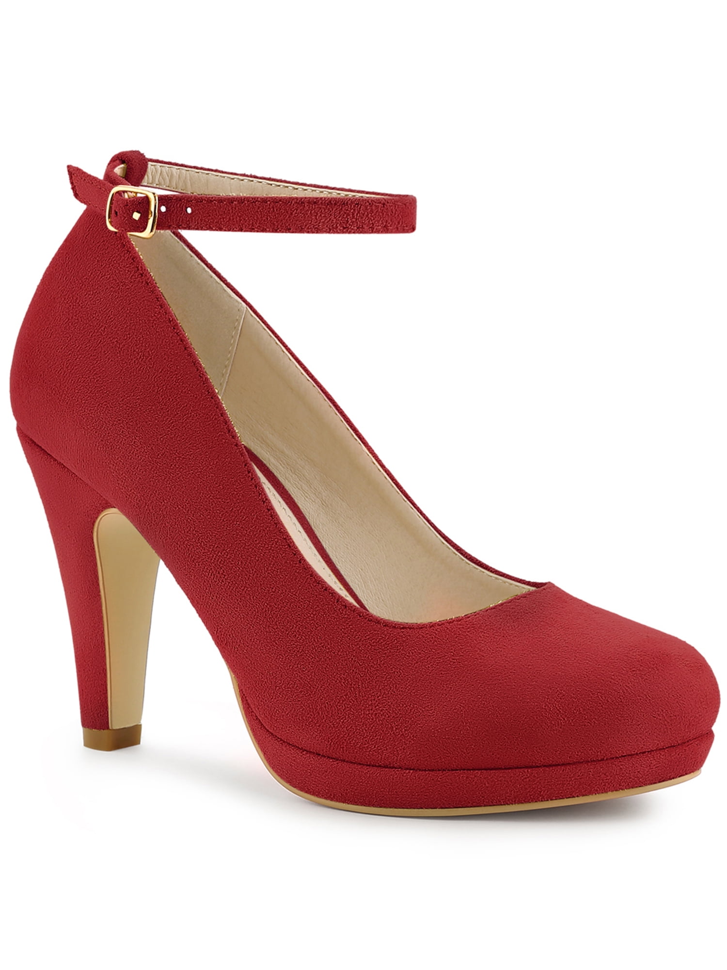 Unique Bargains Women's Round Toe Stiletto Heel Ankle Strap Pumps Red 6.5