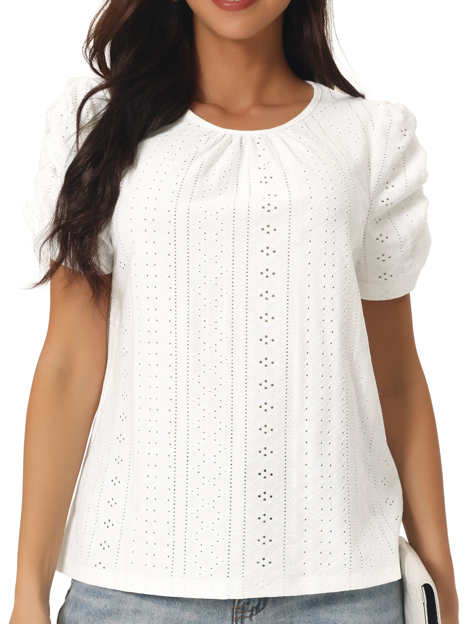 Unique Bargains Women's Ruched Short Sleeve Eyelet Dressy Crewneck Blouses T Shirts L White