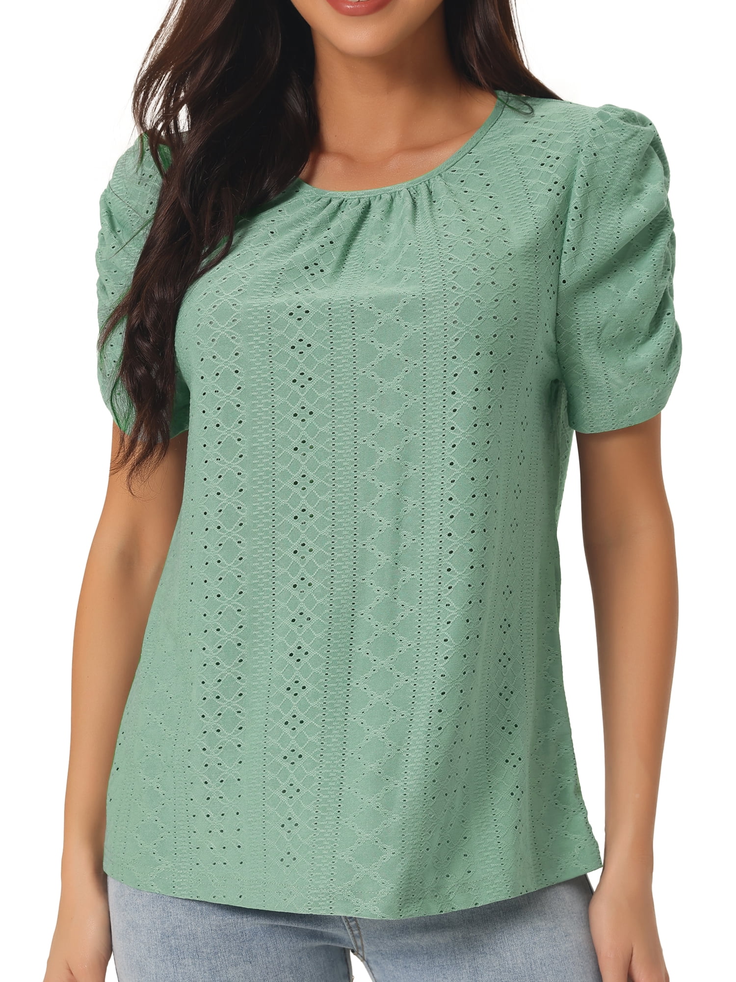 Unique Bargains Women's Ruched Short Sleeve Eyelet Dressy Crewneck Blouses T Shirts M Green