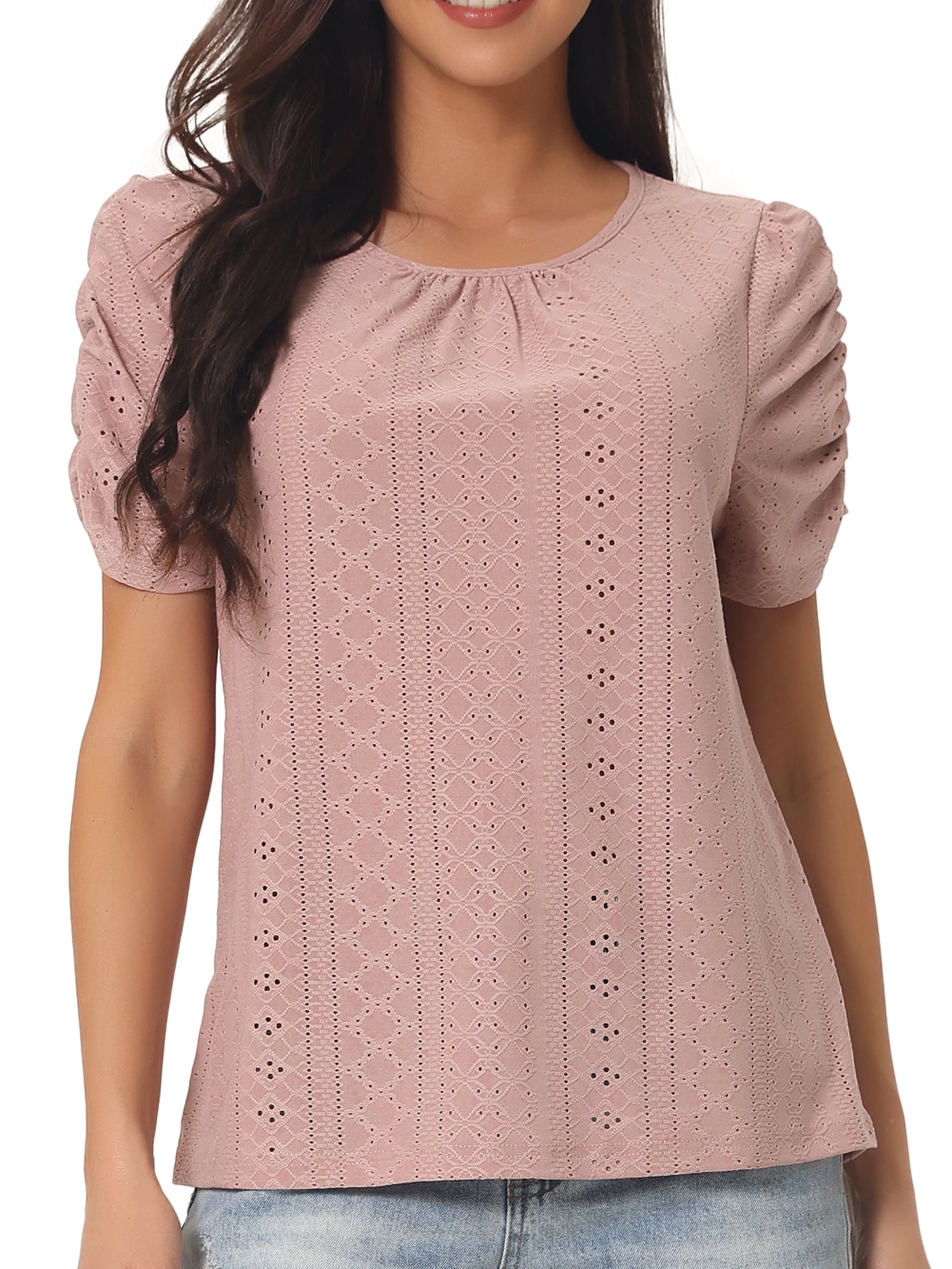Unique Bargains Women's Ruched Short Sleeve Eyelet Dressy Crewneck Blouses T Shirts S Dusty Pink
